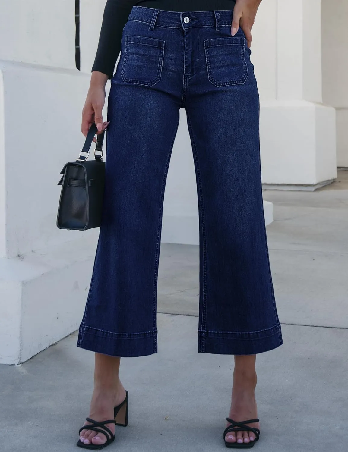 luvamia Wide Leg Jeans for Women Trendy High Waisted Flare Jeans Cropped Denim Pants Stretchy Baggy with Patch Pockets