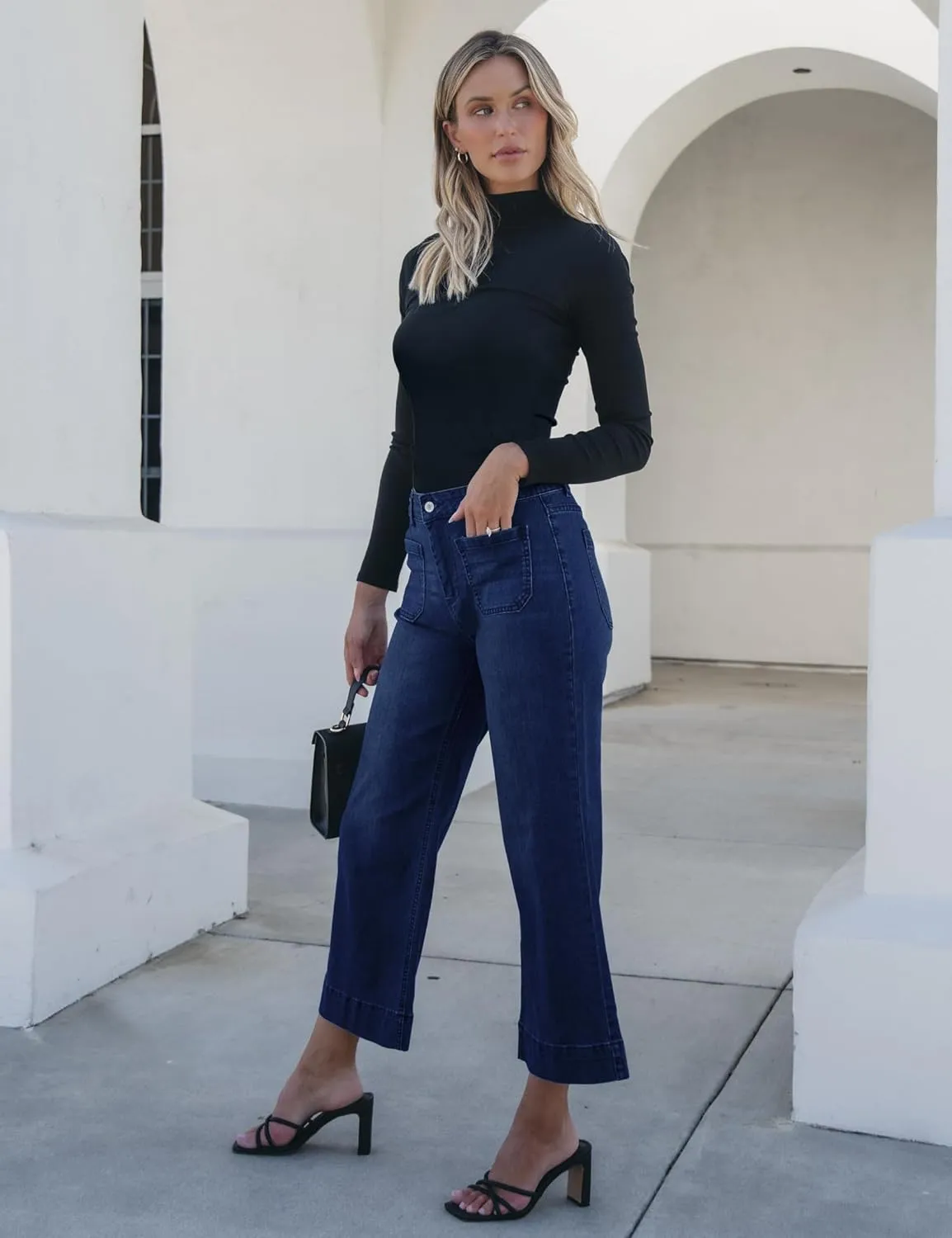 luvamia Wide Leg Jeans for Women Trendy High Waisted Flare Jeans Cropped Denim Pants Stretchy Baggy with Patch Pockets