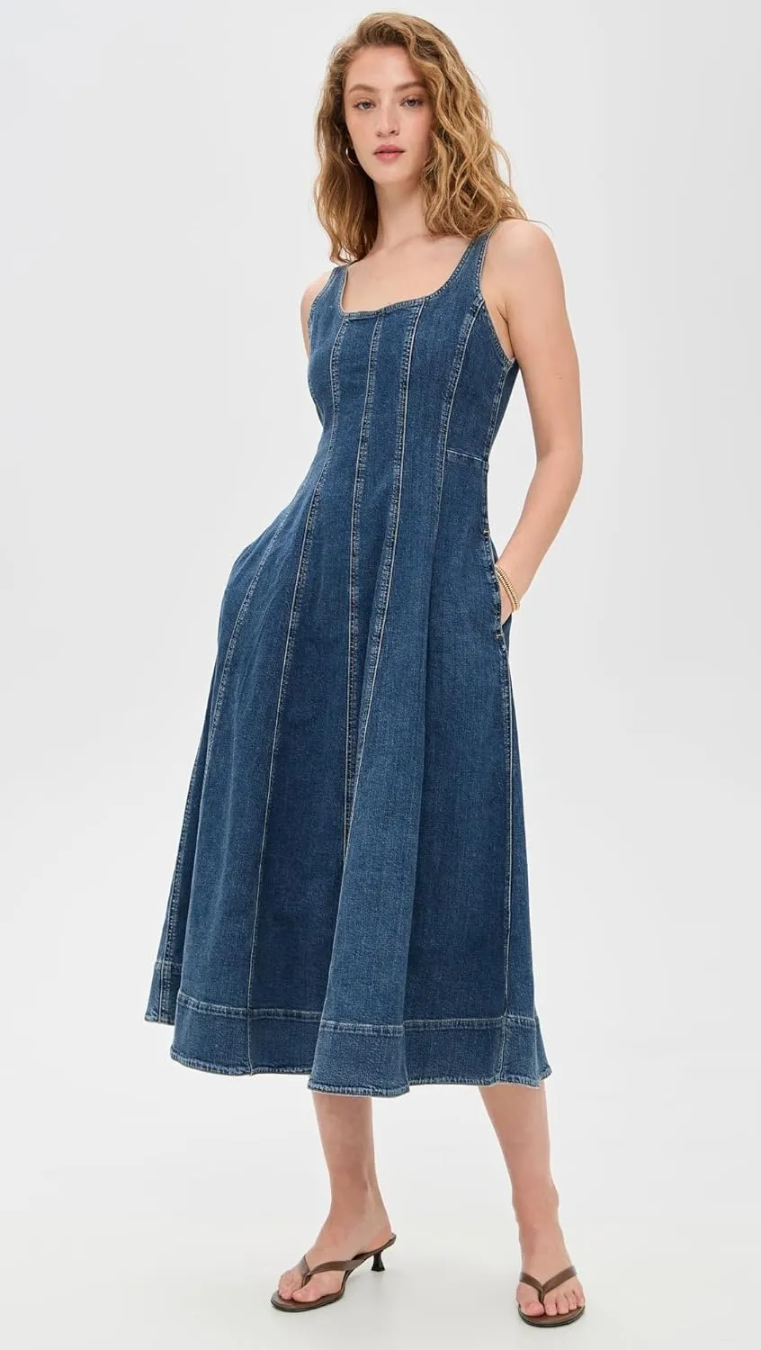Madewell Women's Denim Seamed Flare Midi Dress in Croswell Wash
