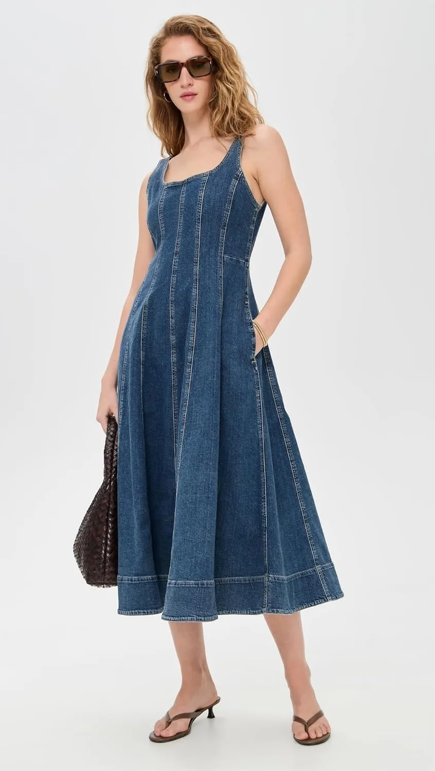 Madewell Women's Denim Seamed Flare Midi Dress in Croswell Wash
