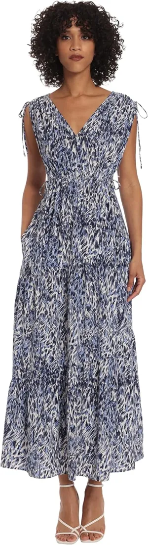Maggy London Women's Tiered Maxi with Shoulder and Waist Drawstring Details
