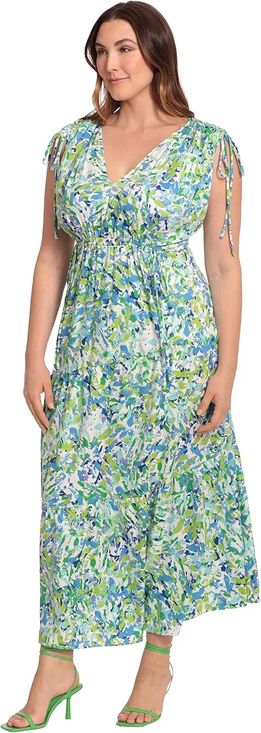 Maggy London Women's Tiered Maxi with Shoulder and Waist Drawstring Details