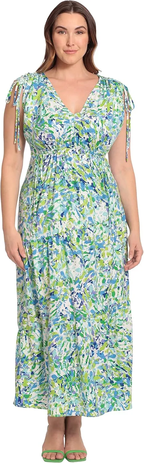 Maggy London Women's Tiered Maxi with Shoulder and Waist Drawstring Details