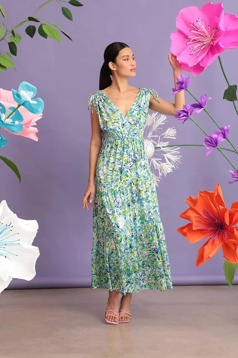 Maggy London Women's Tiered Maxi with Shoulder and Waist Drawstring Details