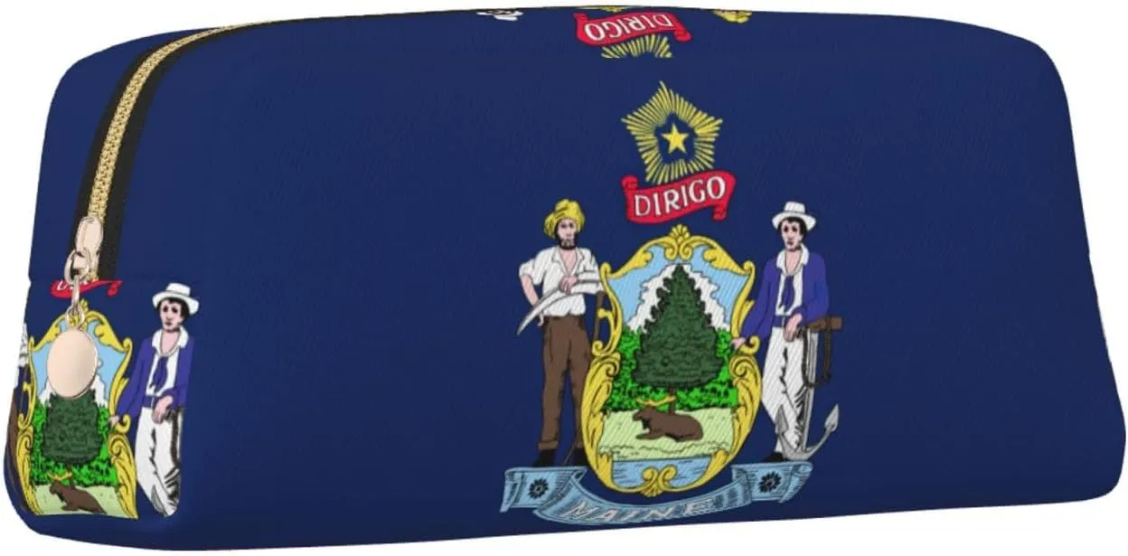 Maine State Flag Print Large Capacity Pencil Case,Pencil Pouch With Zipper, Durable Leather Pen Bag For Office, Travel