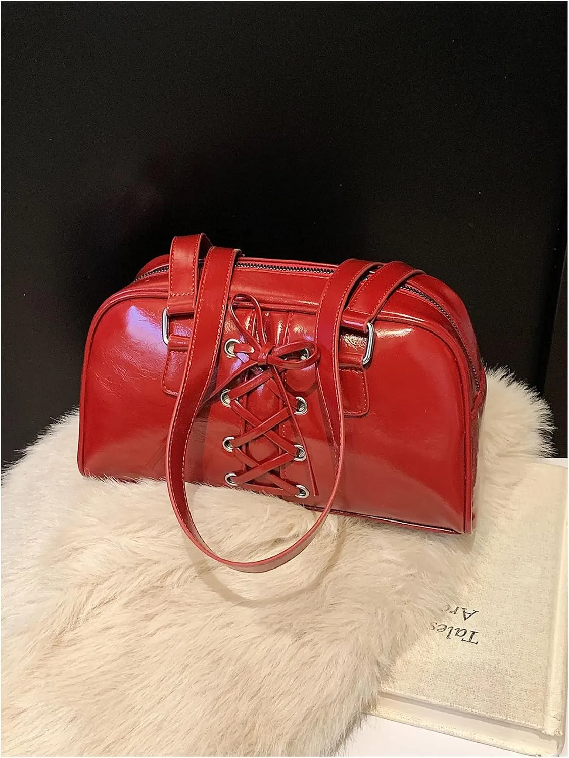 MakeMeChic Women's PU Leather Shoulder Bag Lace Up Zipper Double Handle Underarm Purses