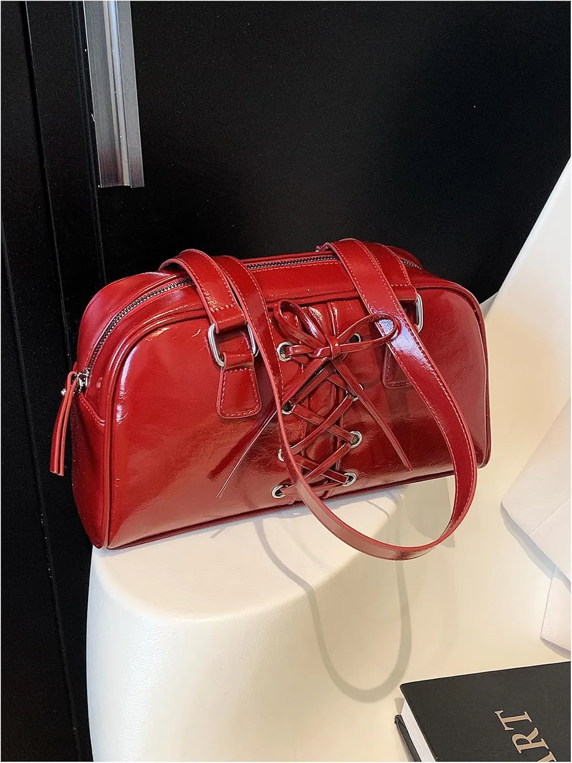 MakeMeChic Women's PU Leather Shoulder Bag Lace Up Zipper Double Handle Underarm Purses