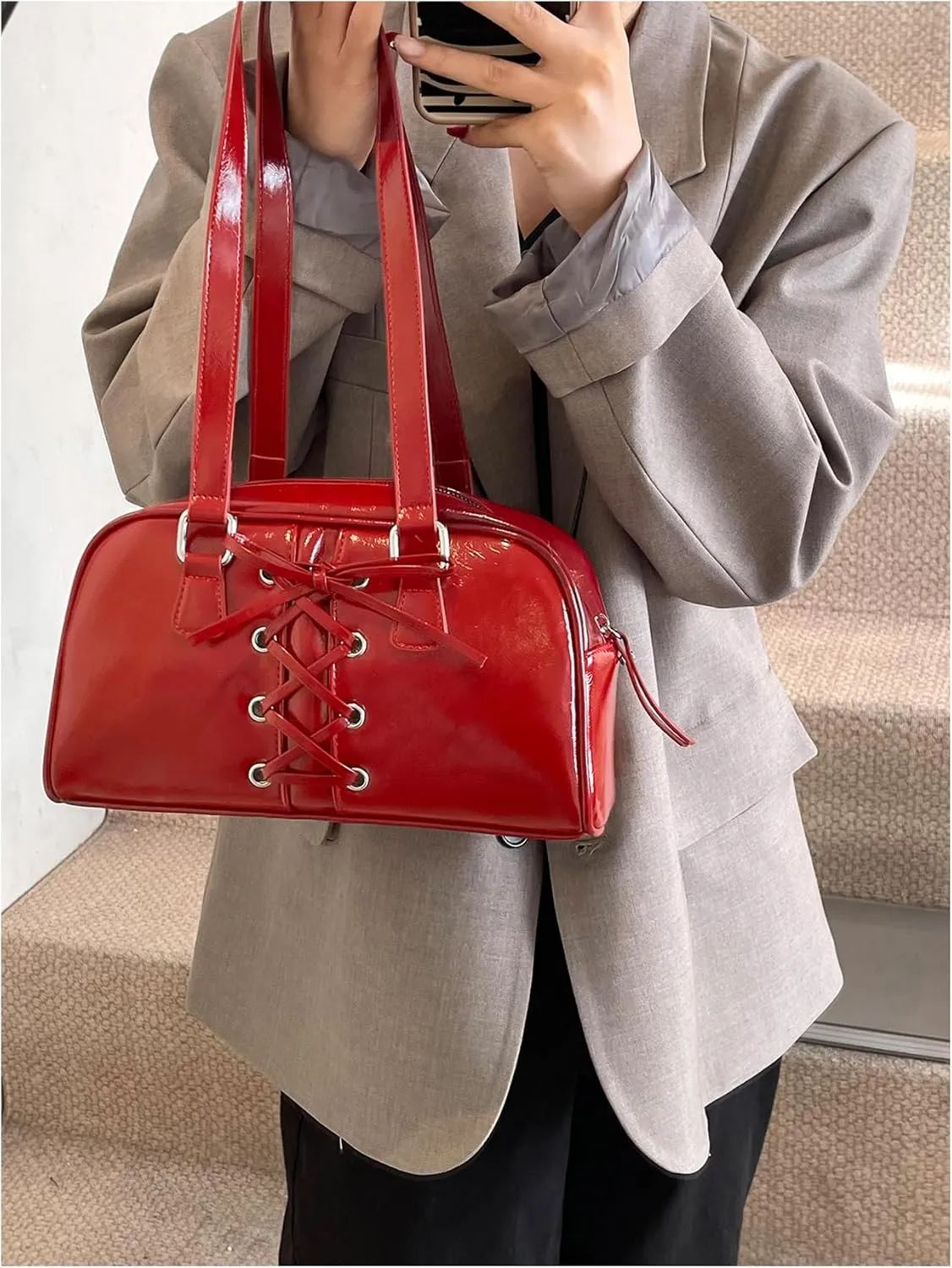 MakeMeChic Women's PU Leather Shoulder Bag Lace Up Zipper Double Handle Underarm Purses
