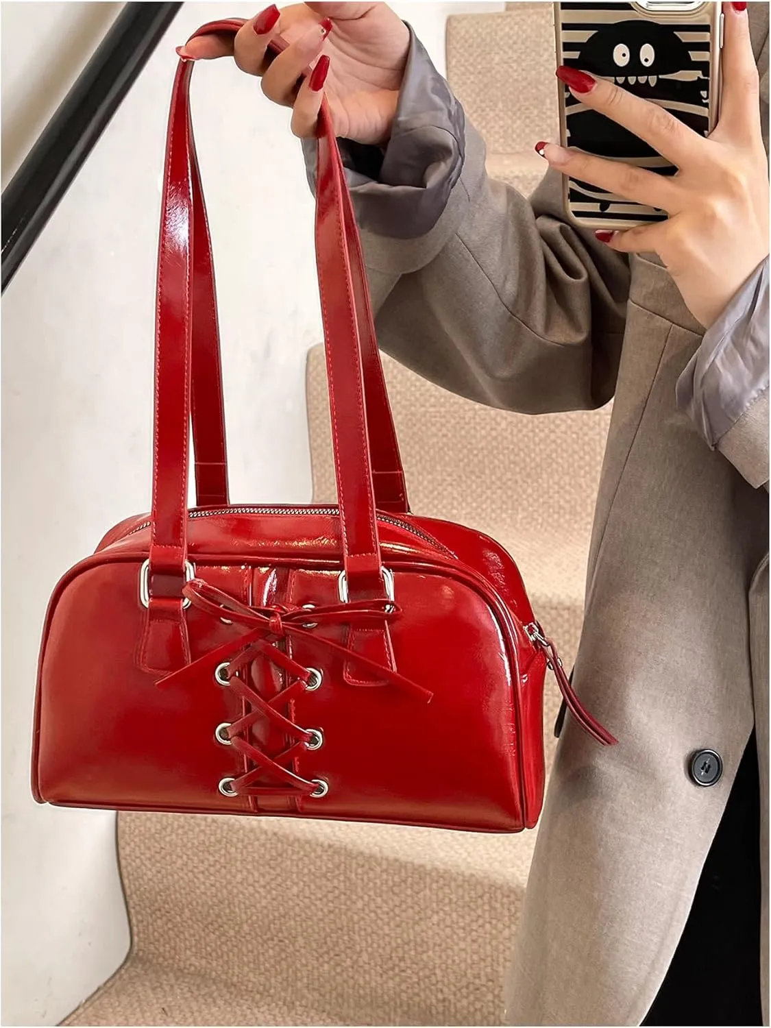 MakeMeChic Women's PU Leather Shoulder Bag Lace Up Zipper Double Handle Underarm Purses