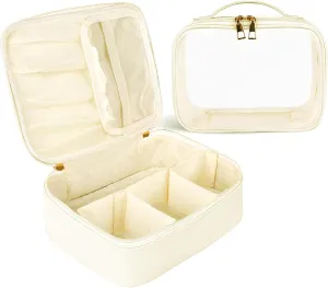 Makeup Bag, 2 PCS PU Leather Cosmetic Bags, Portable Travel Makeup Case, Large Makeup Organizer with Clear Makeup Bag for Women (White)