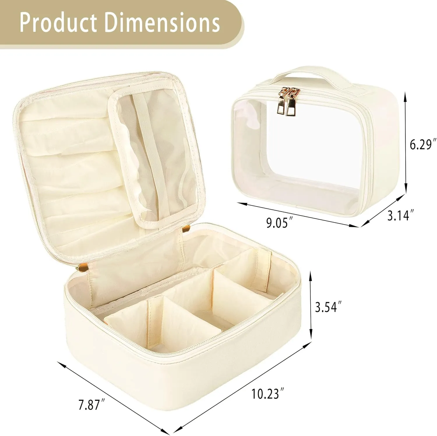 Makeup Bag, 2 PCS PU Leather Cosmetic Bags, Portable Travel Makeup Case, Large Makeup Organizer with Clear Makeup Bag for Women (White)