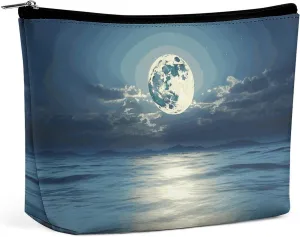 Makeup Bag Large Capacity Travel Makeup Bag PU Leather Cosmetic Bag for Women Moon And Sea Toiletry Bag Portable Zipper Makeup Organizer