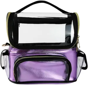 Makeup Brush Case - Clear Travel Bag with Multiple Pockets, Waterproof Transparent Organizer, Removable Dividers, Purple
