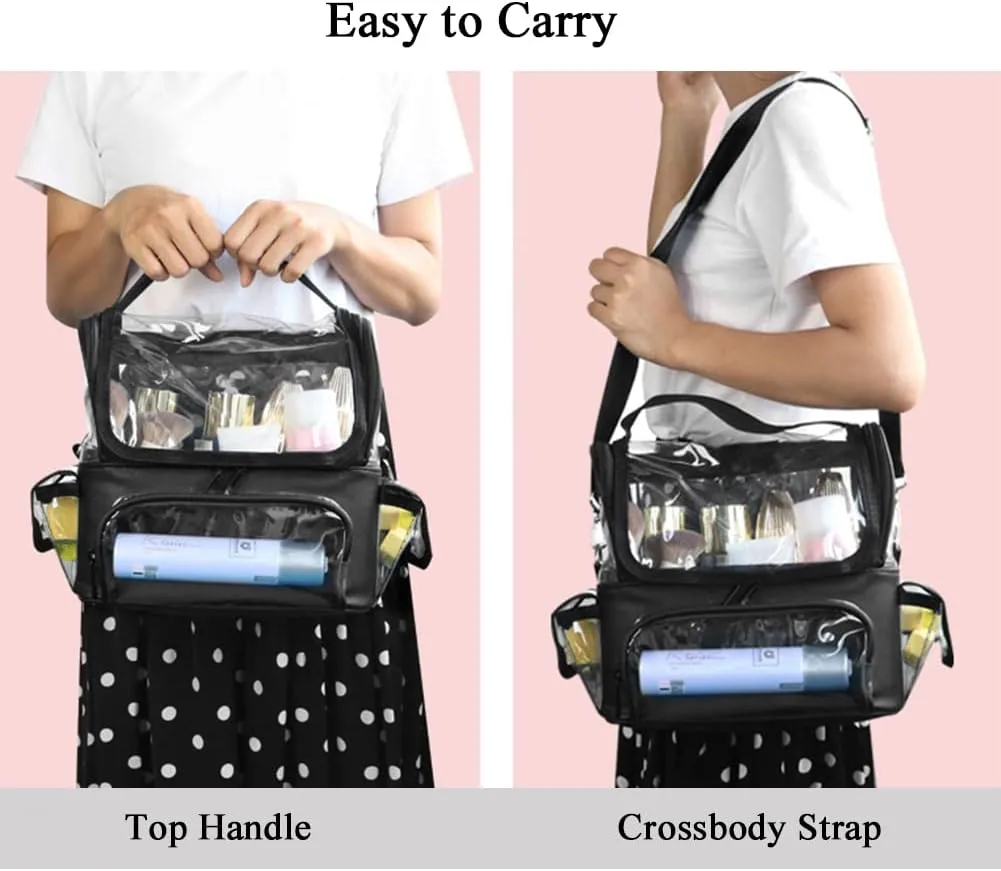 Makeup Brush Case - Clear Travel Bag with Multiple Pockets, Waterproof Transparent Organizer, Removable Dividers, Purple