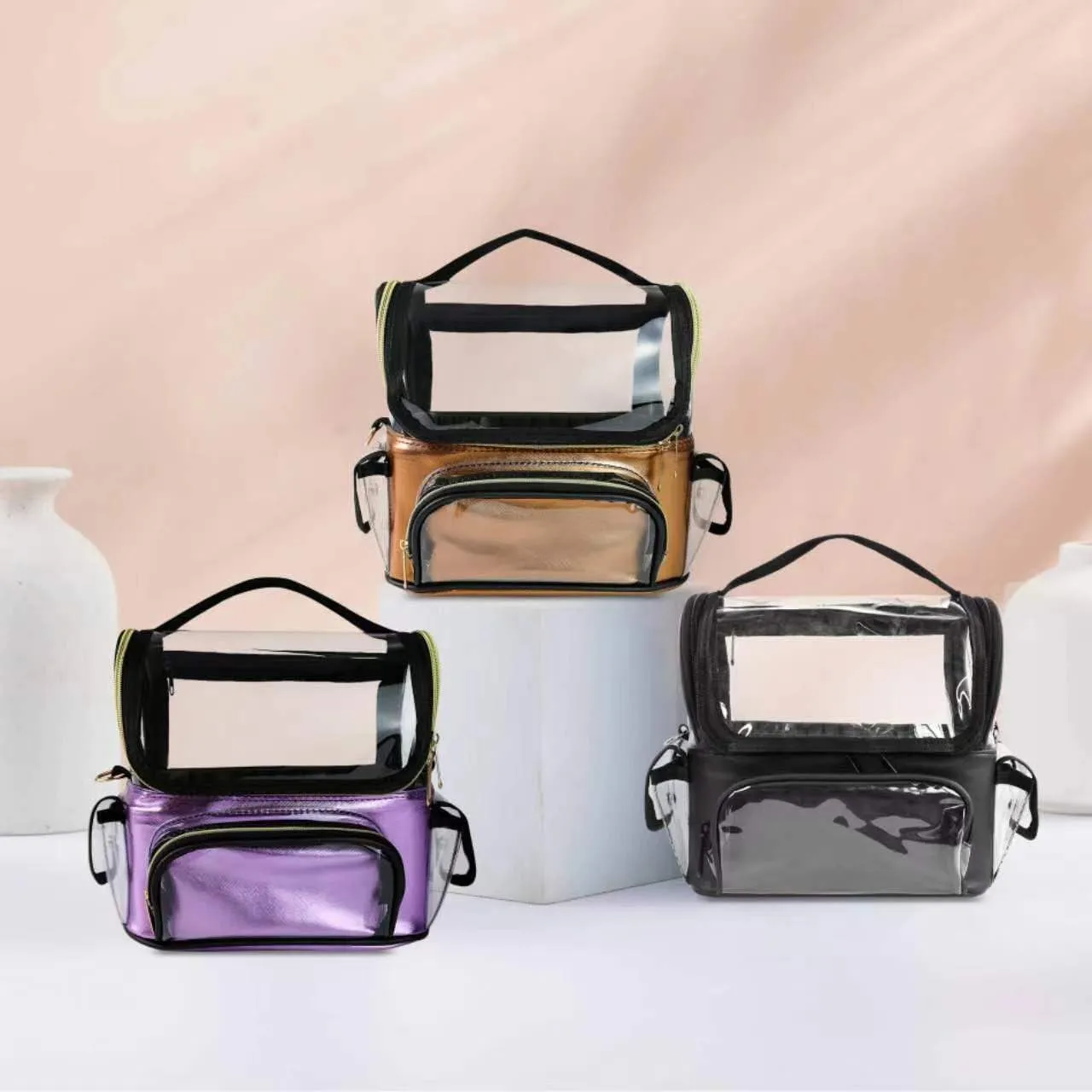 Makeup Brush Case - Clear Travel Bag with Multiple Pockets, Waterproof Transparent Organizer, Removable Dividers, Purple