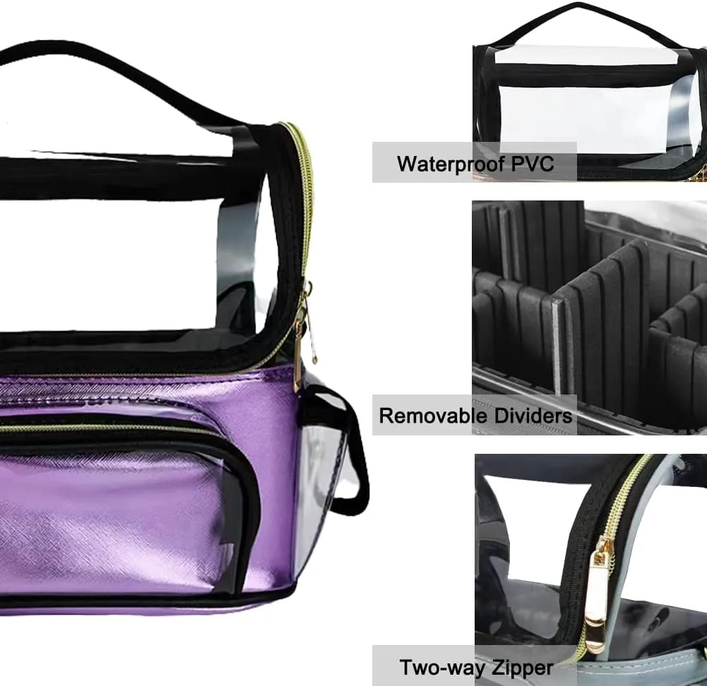 Makeup Brush Case - Clear Travel Bag with Multiple Pockets, Waterproof Transparent Organizer, Removable Dividers, Purple
