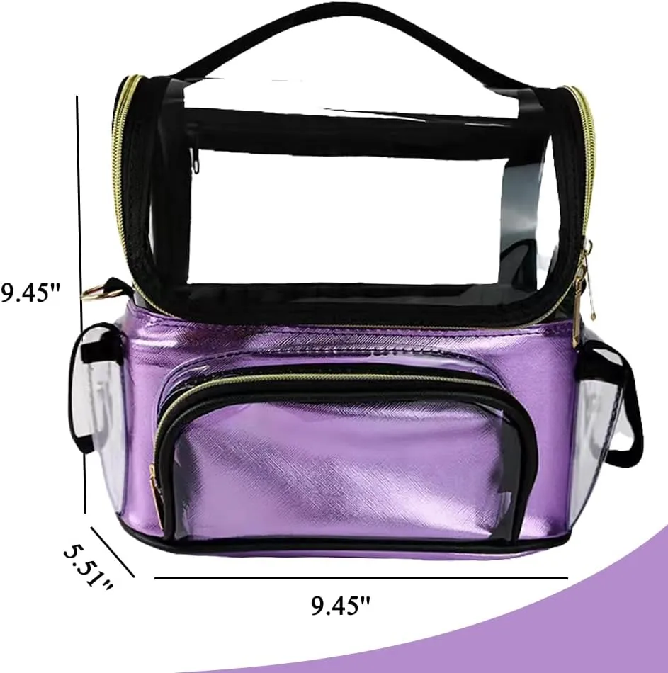 Makeup Brush Case - Clear Travel Bag with Multiple Pockets, Waterproof Transparent Organizer, Removable Dividers, Purple