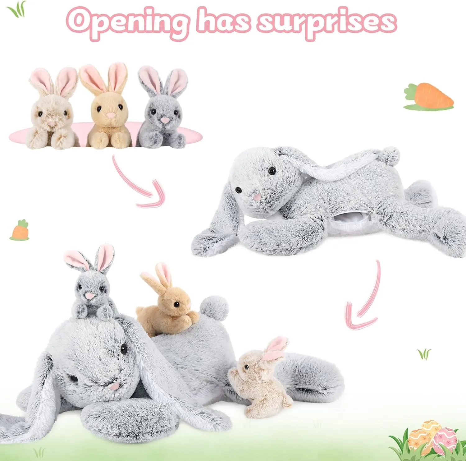 MaoGoLan 4Pcs Easter Bunny Stuffed Animals with 3 Babies Inside, 24” Soft and Cuddly Giant Rabbit Plush, Easter Stuffed Bunny Gift for Kids,Boys,Girls