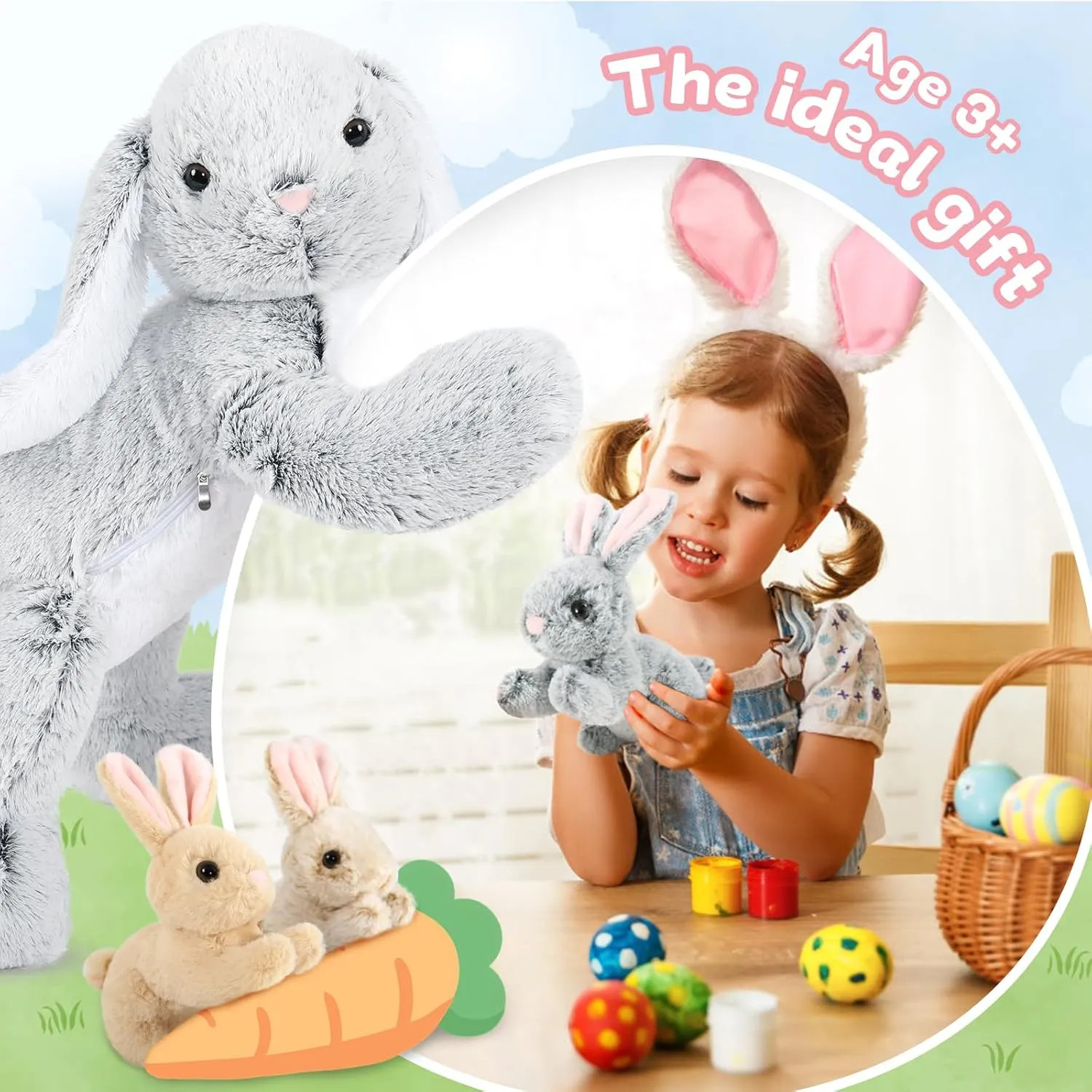 MaoGoLan 4Pcs Easter Bunny Stuffed Animals with 3 Babies Inside, 24” Soft and Cuddly Giant Rabbit Plush, Easter Stuffed Bunny Gift for Kids,Boys,Girls