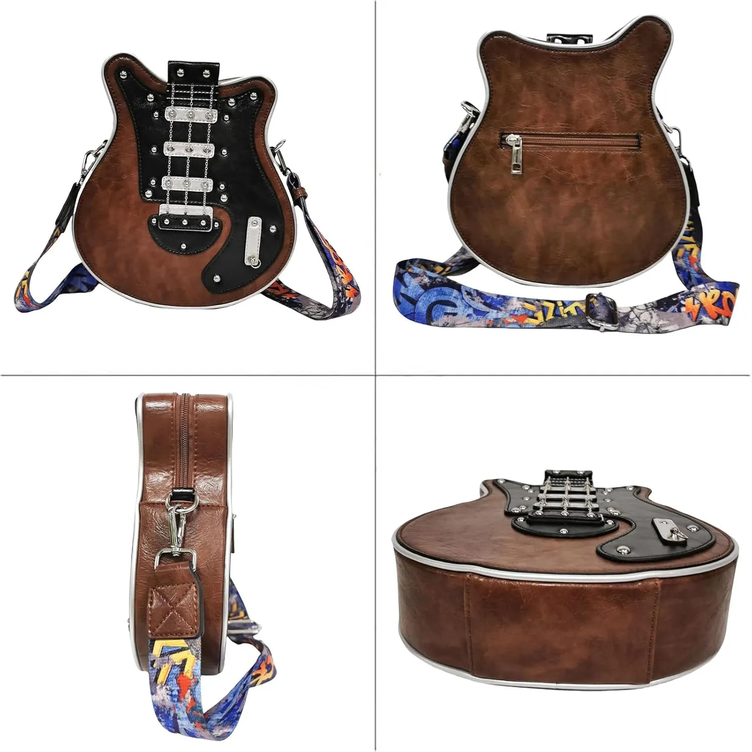 Men and Women Guitar Shaped Crossbody Shoulder Bag PU Leather Unique Novelty Guitar Purse