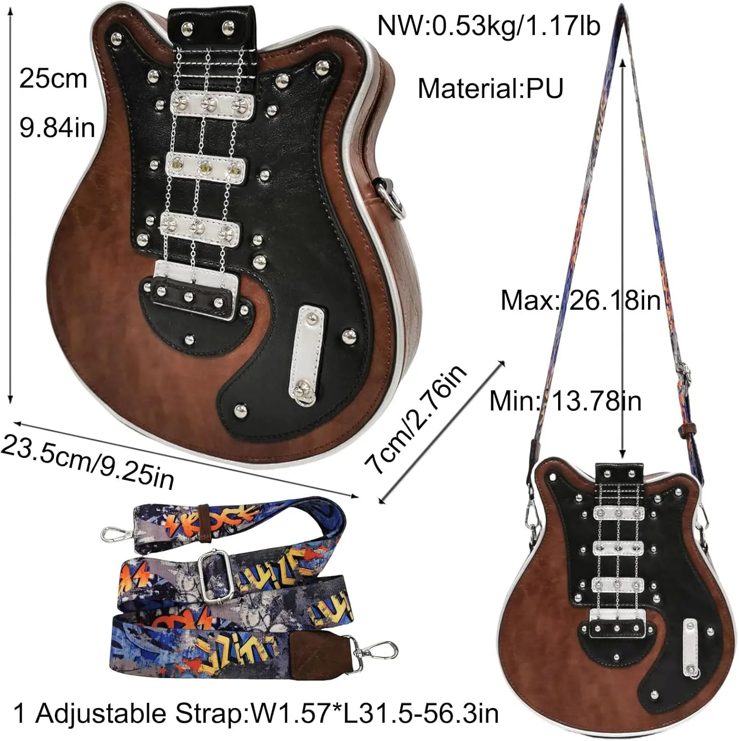 Men and Women Guitar Shaped Crossbody Shoulder Bag PU Leather Unique Novelty Guitar Purse