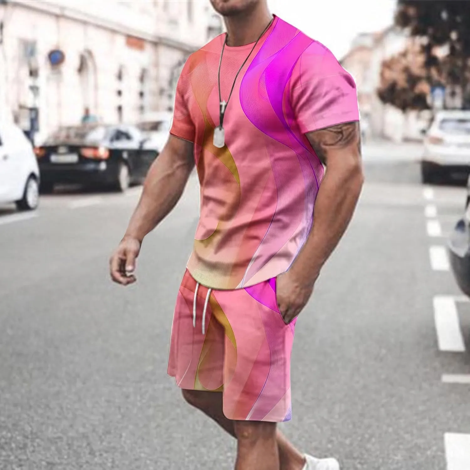 Men Outfits 2 Piece Short Sets Fashion 3D Digital Print T-Shirt and Shorts Tracksuit Guys Summer Outdoor Sportwear
