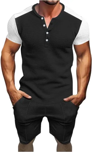 Men's 2 Piece Outfits Short Sets Summer Henley T Shirts and Shorts Tracksuit Athletic Golf Casual Fashion Sportwear