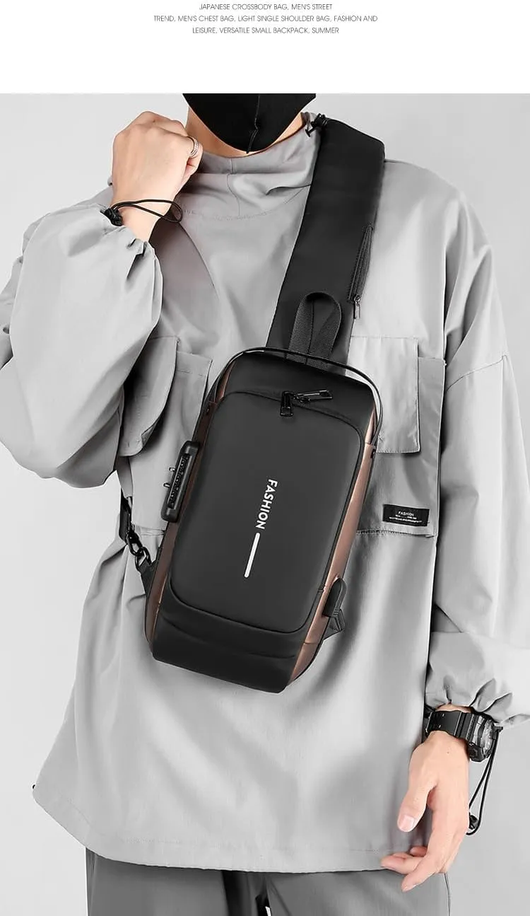Men's Backpack Multi purpose Waterproof Strap Bag Password Lock Sports Backpack Men's Chest Bag (Black Rice Dumplings)
