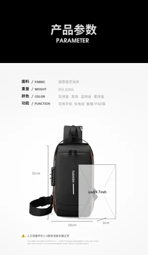 Men's Backpack Multi purpose Waterproof Strap Bag Password Lock Sports Backpack Men's Chest Bag (Black Rice Dumplings)
