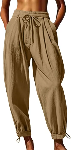Men's Cotton Linen Harem Pants Soft Stretchy Waist Casual Hippie Trousers Lightweight Loose Fitting Beach Yoga Pant