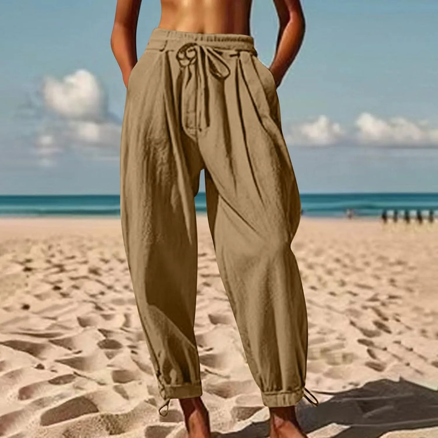 Men's Cotton Linen Harem Pants Soft Stretchy Waist Casual Hippie Trousers Lightweight Loose Fitting Beach Yoga Pant