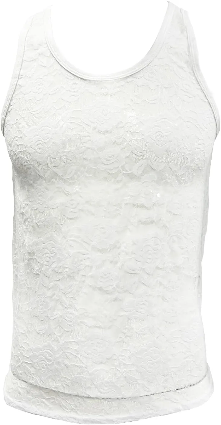 Men's Floral Lace Fitted Muscle Tank Tops Mesh Transparent Workout Vest Tshirt Underwear