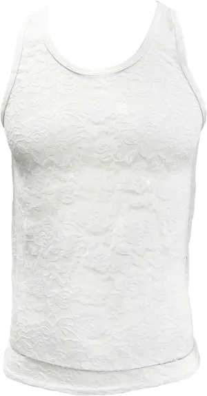 Men's Floral Lace Fitted Muscle Tank Tops Mesh Transparent Workout Vest Tshirt Underwear
