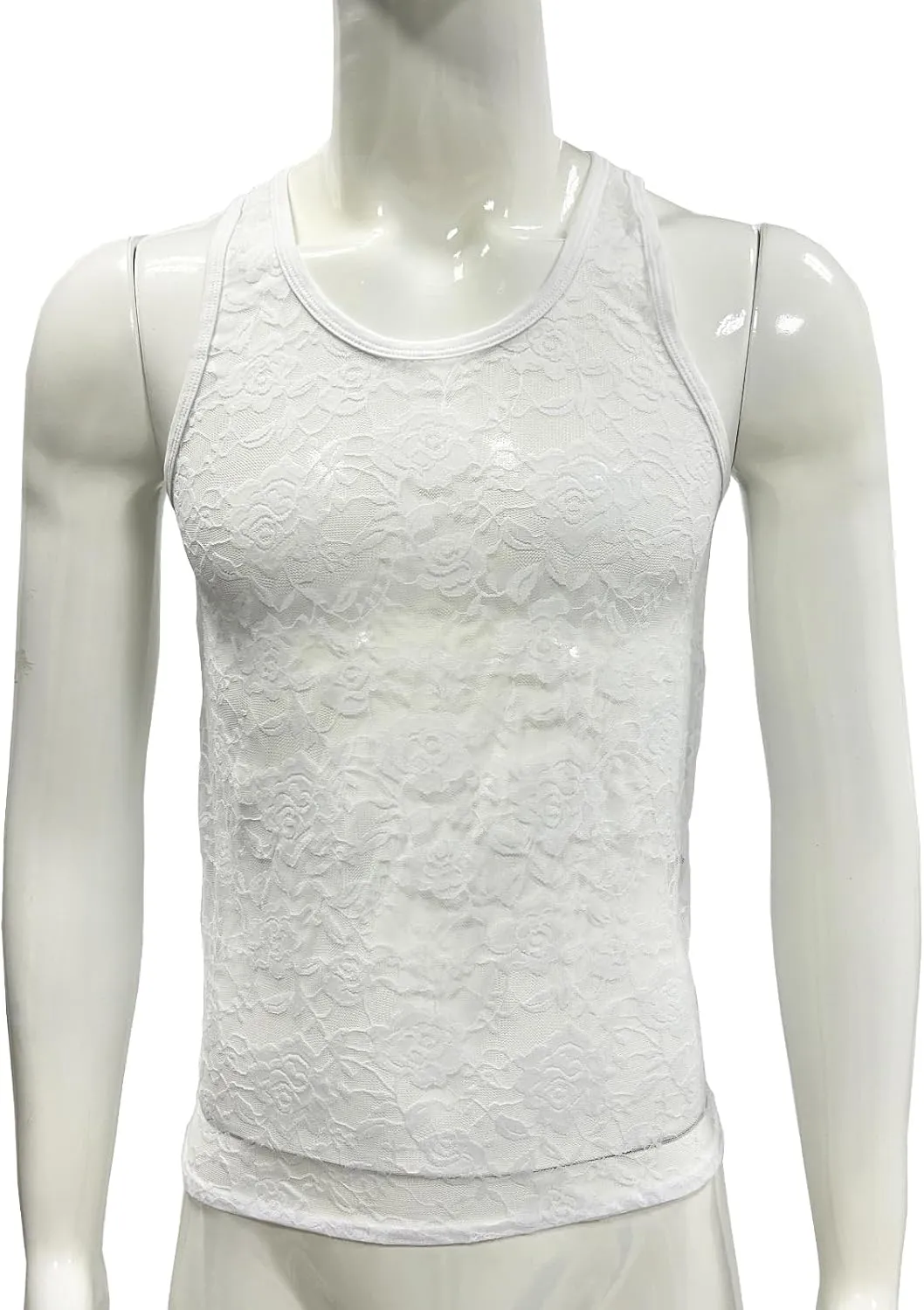 Men's Floral Lace Fitted Muscle Tank Tops Mesh Transparent Workout Vest Tshirt Underwear