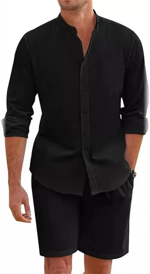 Men's Summer Cotton Linen Shirt and Shorts Cardigan Casual Beach Shirts 2 Pcs Sets