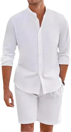 Men's Summer Cotton Linen Shirt and Shorts Cardigan Casual Beach Shirts 2 Pcs Sets