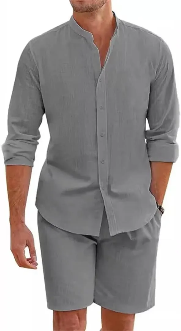 Men's Summer Cotton Linen Shirt and Shorts Cardigan Casual Beach Shirts 2 Pcs Sets