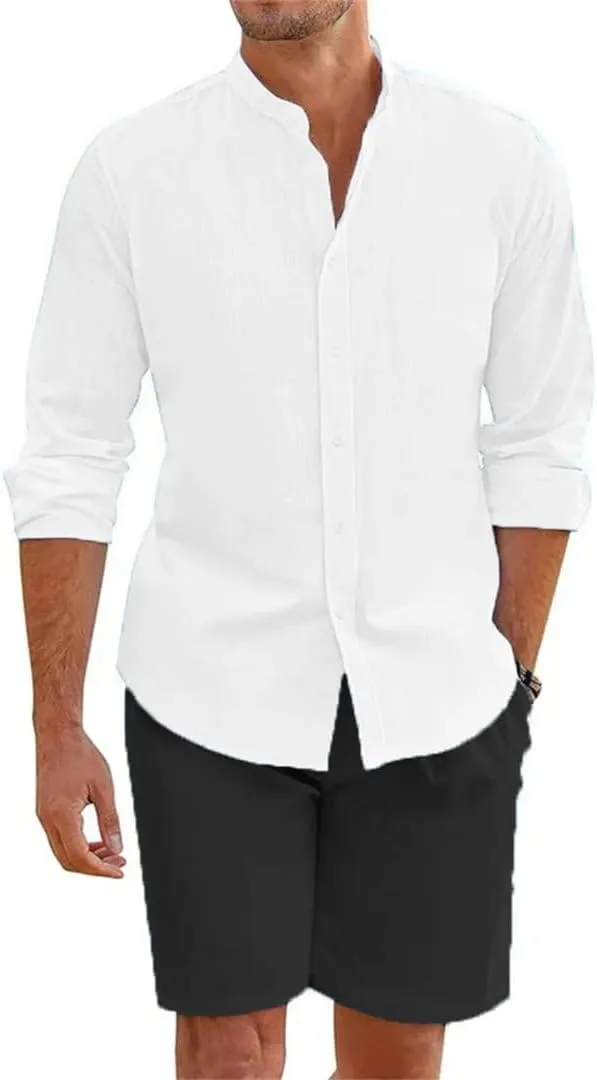 Men's Summer Cotton Linen Shirt and Shorts Cardigan Casual Beach Shirts 2 Pcs Sets