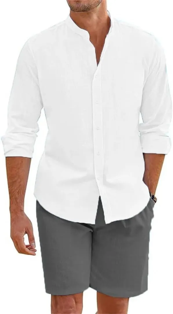 Men's Summer Cotton Linen Shirt and Shorts Cardigan Casual Beach Shirts 2 Pcs Sets