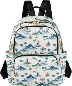 Mini Backpack Purse for Women, Palm Tree Sailboat Mountain Starfish Pattern Travel Bag Casual Daypack Shoulder Bag