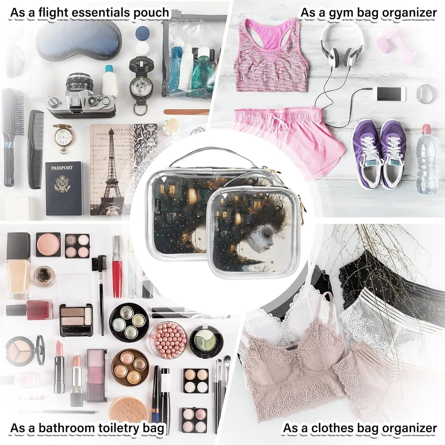 MNSRUU Clear Makeup Bags Abstract Art Toiletry Bag for Women 2 PCS Waterproof Clear Bags Clear Travel Toiletry Bag Small Cosmetic Makeup Bag, Carry on Airport Airline Compliant Bag