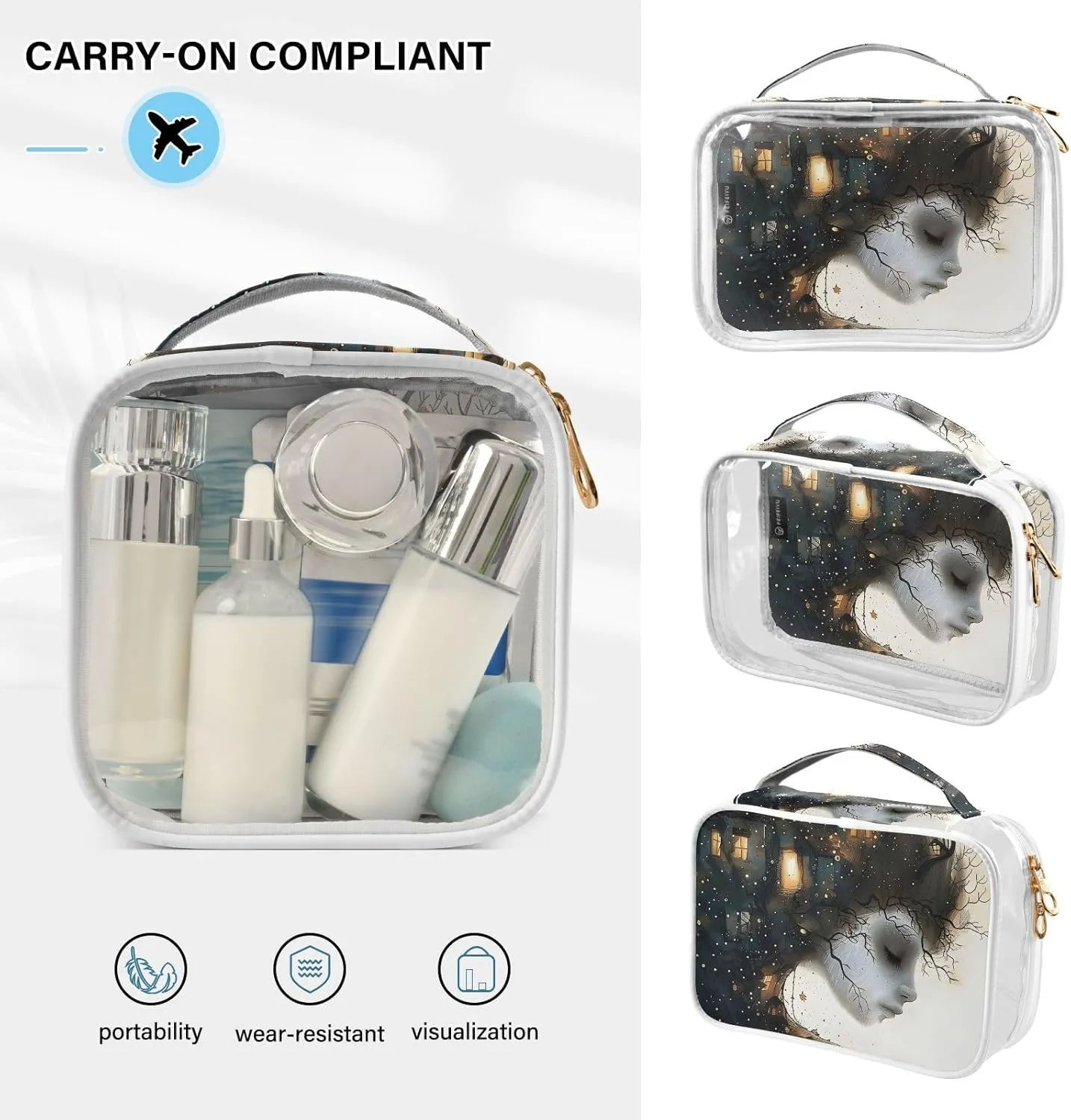 MNSRUU Clear Makeup Bags Abstract Art Toiletry Bag for Women 2 PCS Waterproof Clear Bags Clear Travel Toiletry Bag Small Cosmetic Makeup Bag, Carry on Airport Airline Compliant Bag