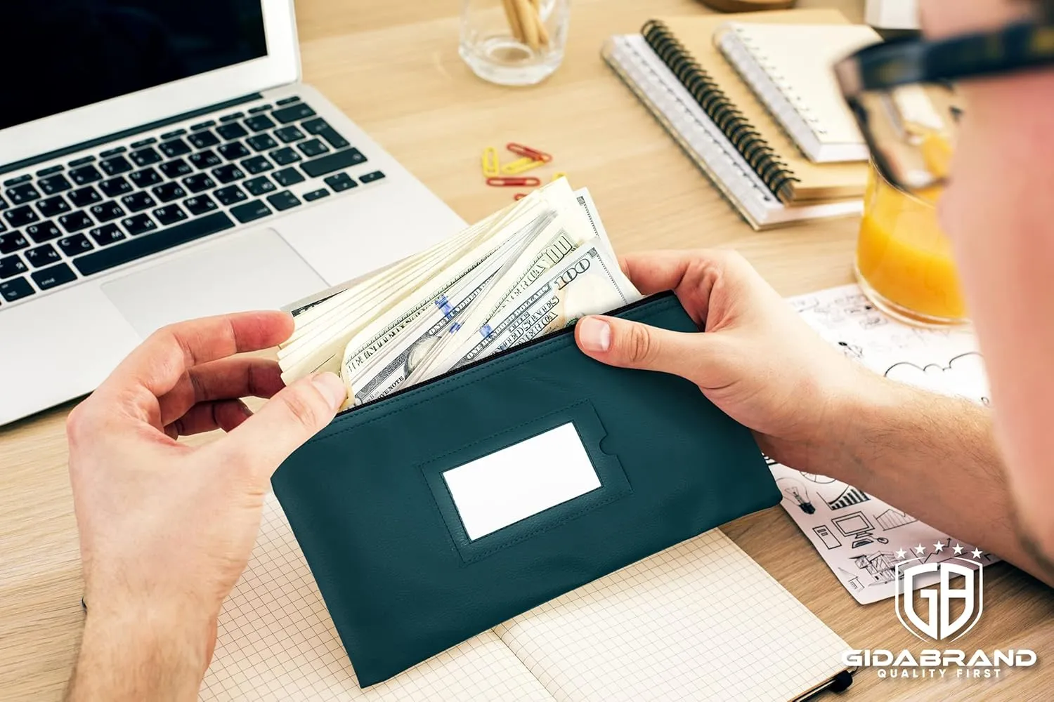 Money Bank Deposit Bag with Zipper | 11x6 inch | Green | Durable Leatherette Money Cash Coin Check Wallet Pouch for Men & Women with Framed ID Window and Blank Card | by GIDABRAND (5)