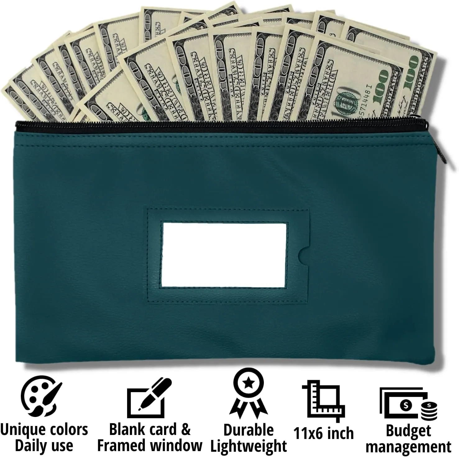 Money Bank Deposit Bag with Zipper | 11x6 inch | Green | Durable Leatherette Money Cash Coin Check Wallet Pouch for Men & Women with Framed ID Window and Blank Card | by GIDABRAND (5)
