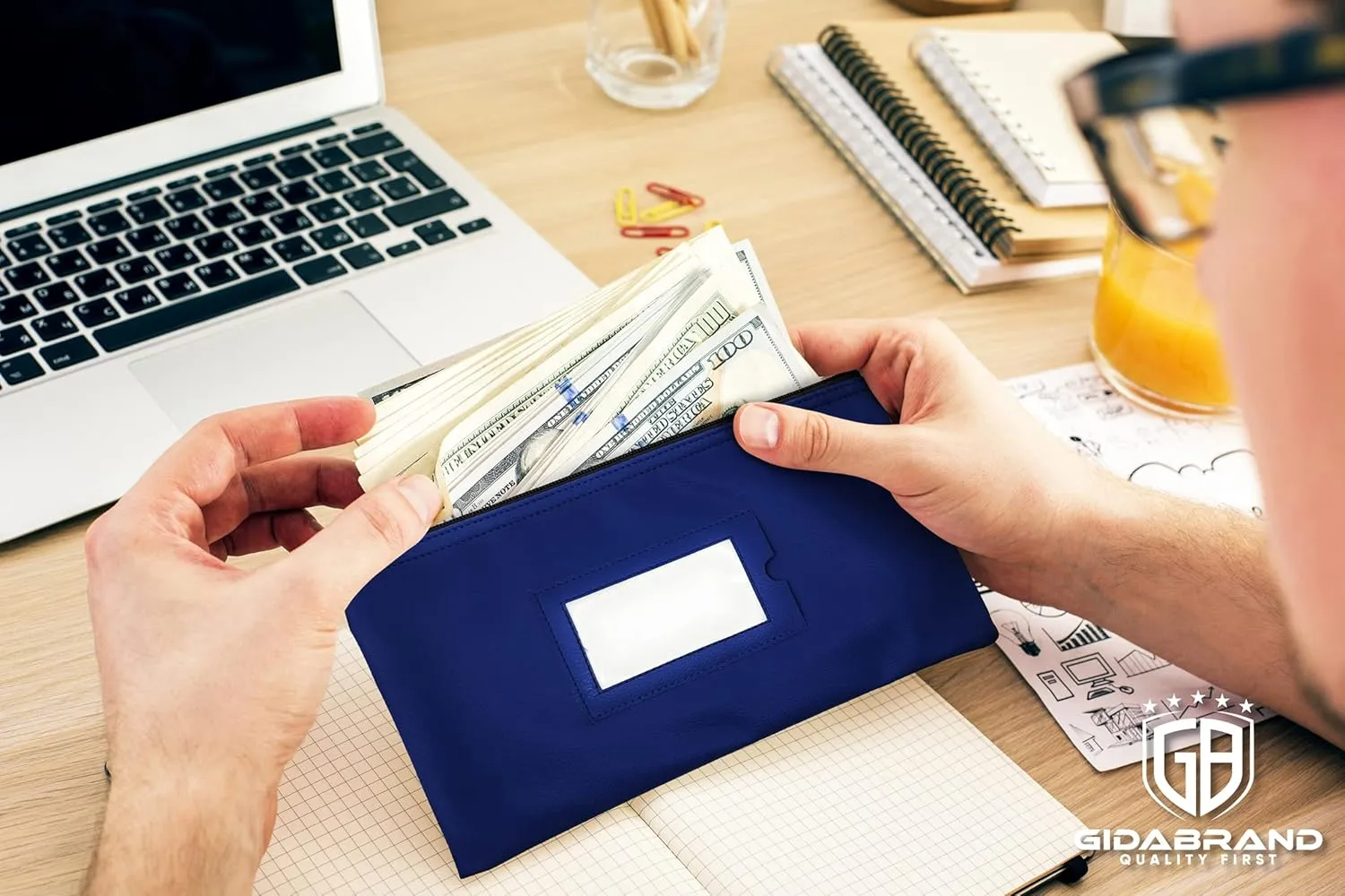 Money Bank Deposit Bag with Zipper | 11x6 inch | Navy blue | Durable Leatherette Money Cash Coin Check Wallet Pouch for Men & Women with Framed ID Window and Blank Card | by GIDABRAND (3)