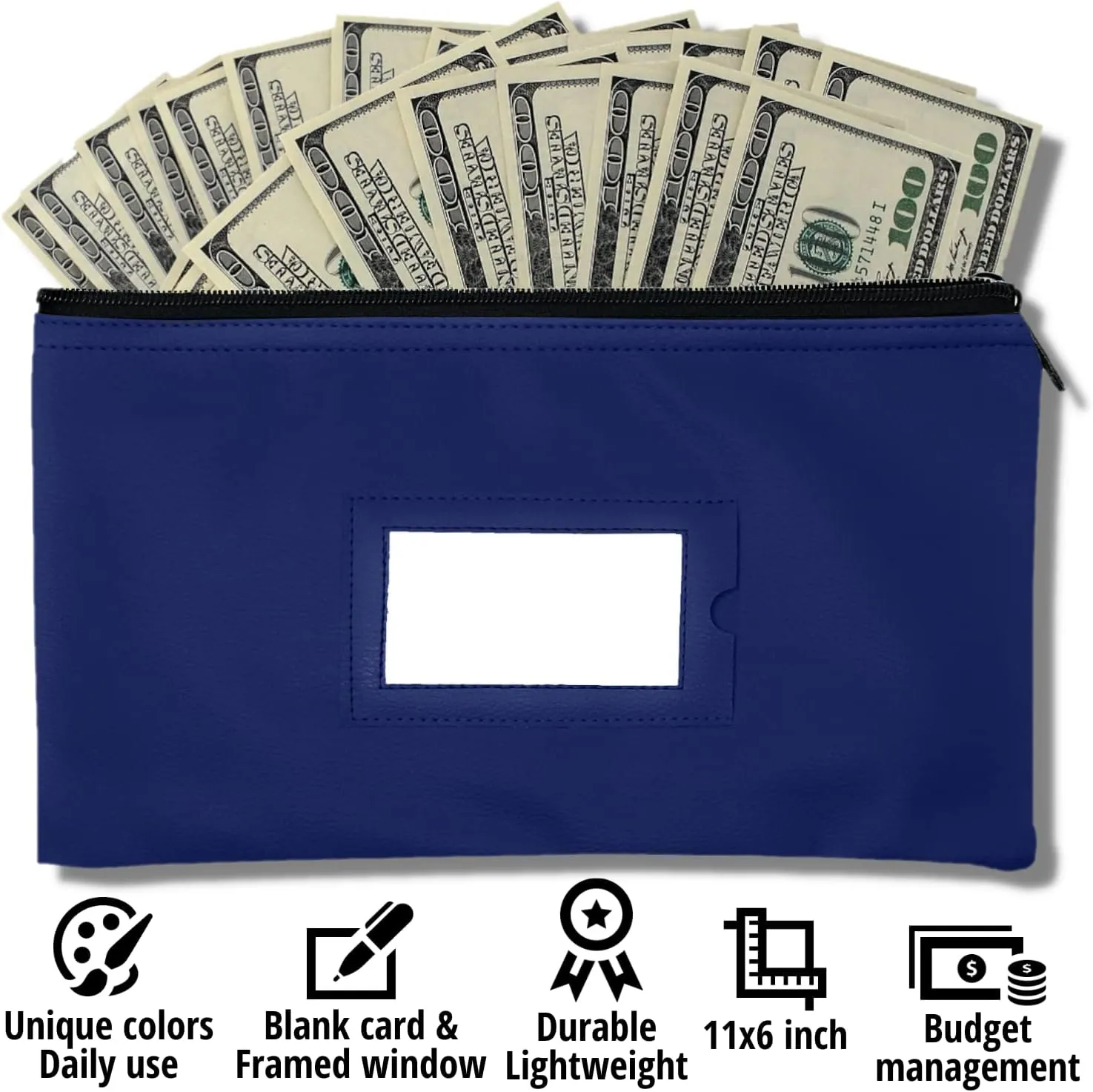 Money Bank Deposit Bag with Zipper | 11x6 inch | Navy blue | Durable Leatherette Money Cash Coin Check Wallet Pouch for Men & Women with Framed ID Window and Blank Card | by GIDABRAND (3)