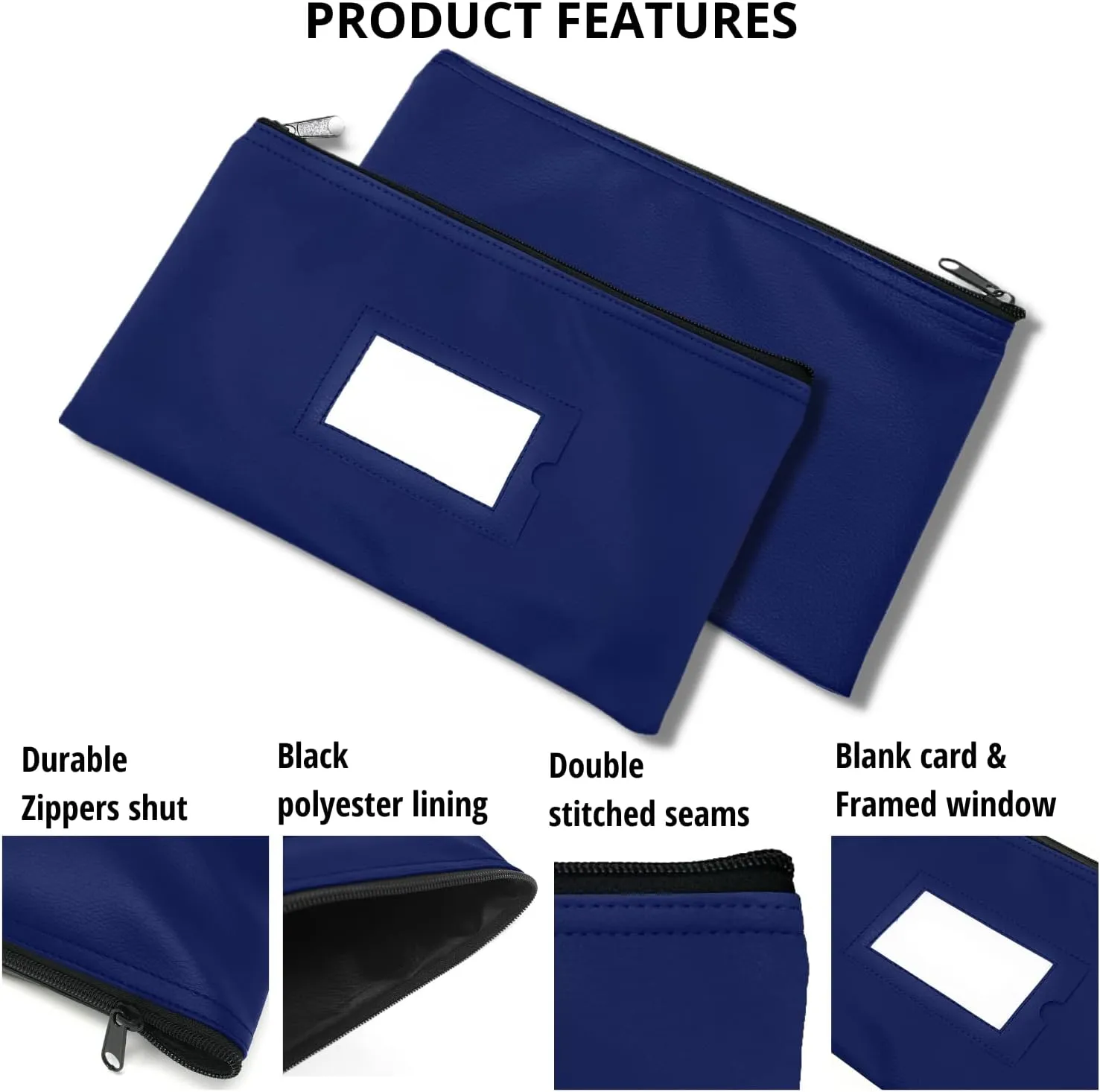 Money Bank Deposit Bag with Zipper | 11x6 inch | Navy blue | Durable Leatherette Money Cash Coin Check Wallet Pouch for Men & Women with Framed ID Window and Blank Card | by GIDABRAND (3)