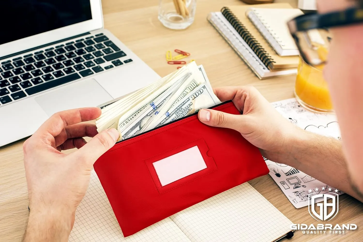 Money Bank Deposit Bag with Zipper | 11x6 inch | Red | Durable Leatherette Money Cash Coin Check Wallet Pouch for Men & Women with Framed ID Window and Blank Card (7)