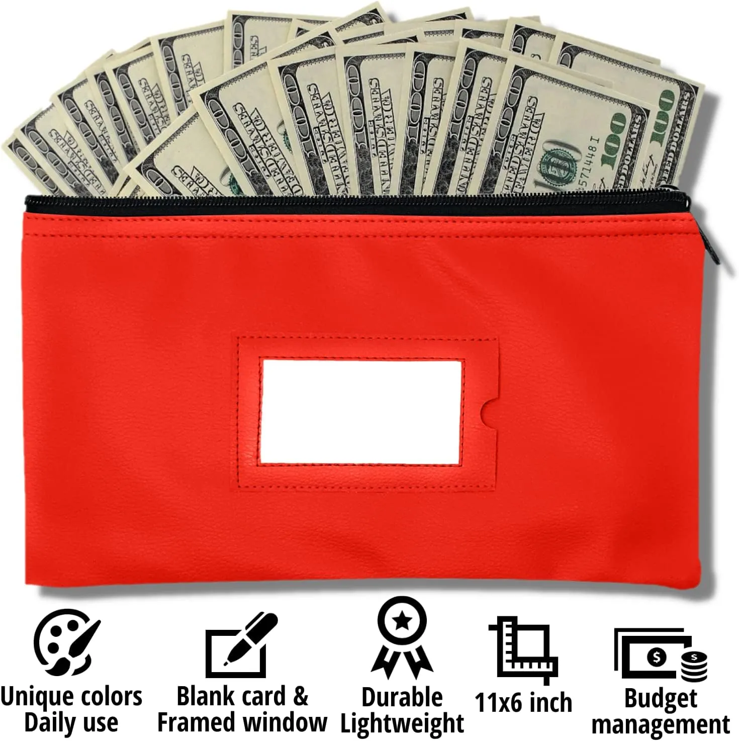 Money Bank Deposit Bag with Zipper | 11x6 inch | Red | Durable Leatherette Money Cash Coin Check Wallet Pouch for Men & Women with Framed ID Window and Blank Card (7)