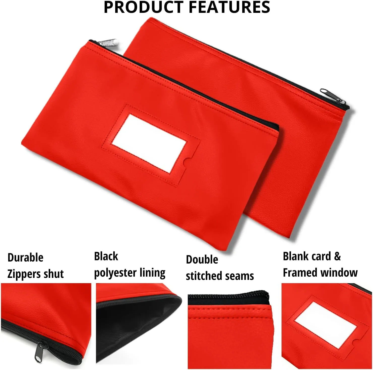 Money Bank Deposit Bag with Zipper | 11x6 inch | Red | Durable Leatherette Money Cash Coin Check Wallet Pouch for Men & Women with Framed ID Window and Blank Card (7)